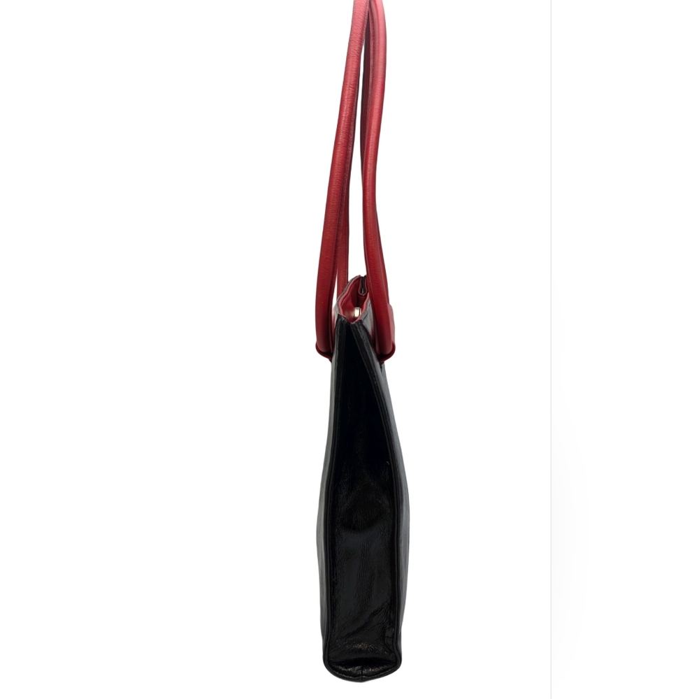 Vintage Amankai Black Leather Tote Red Handles Excellent Cond Attached Pouch - Picture 7 of 9